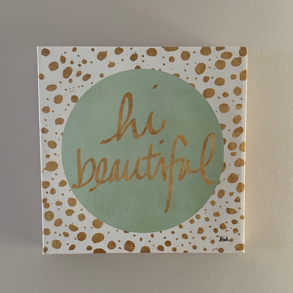Hi Beautiful Mint and Gold Wall Art Canvas